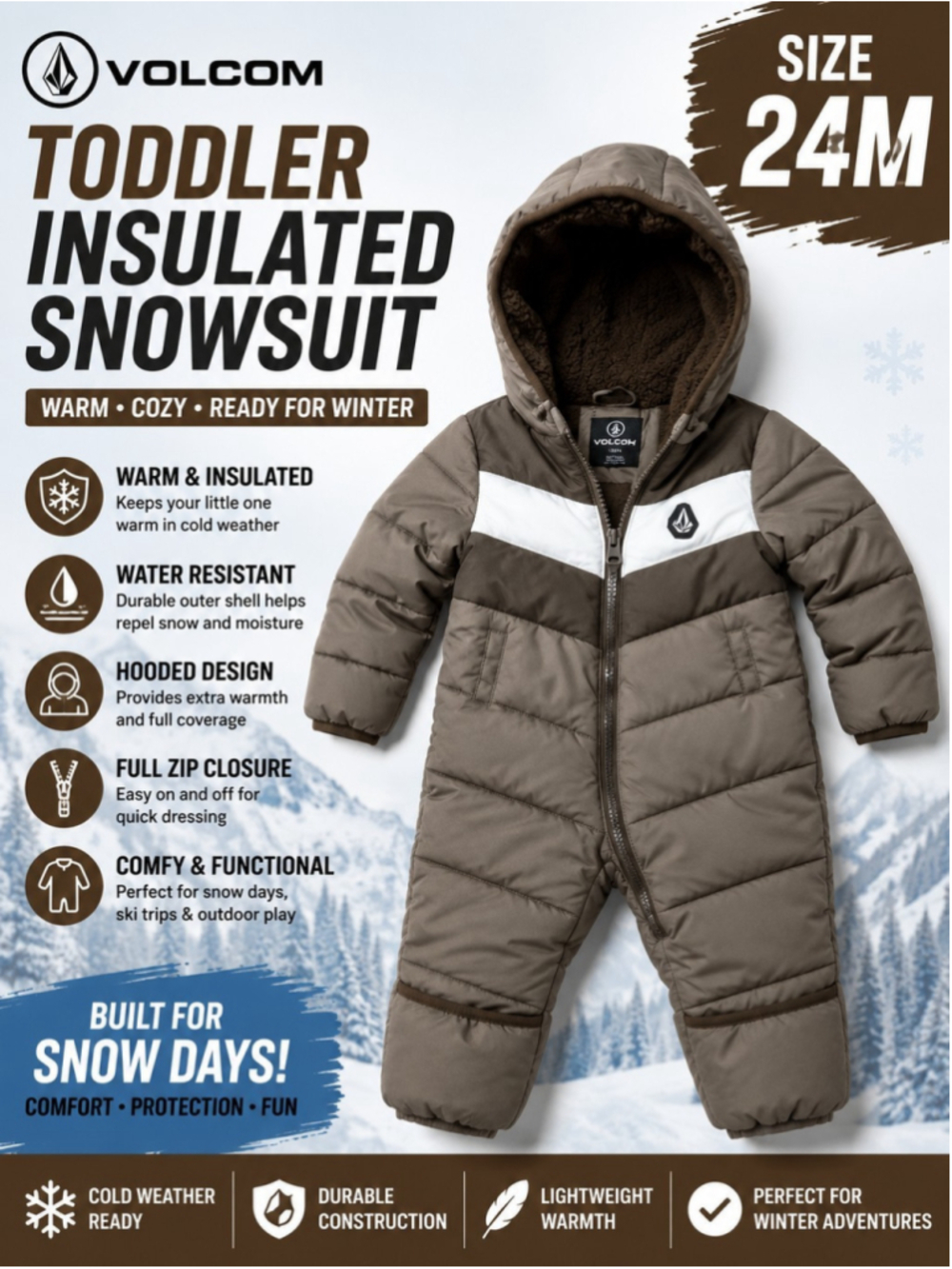 Volcom Toddler 24M Hooded Insulated Snowsuit Brown Winter Bunting One Piece EUC